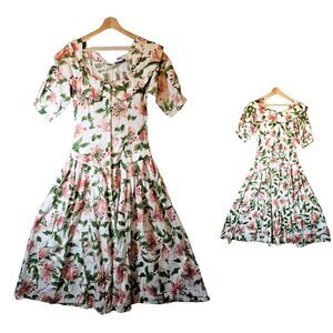 Vintage Cotton Express Womens 6 Floral Maxi Dress Drop Waist Full Skirt Pink